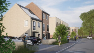 Computer generated image of a street view of modern residential buildings with solar panels on rooftops, parked cars in driveways, and several people walking by.