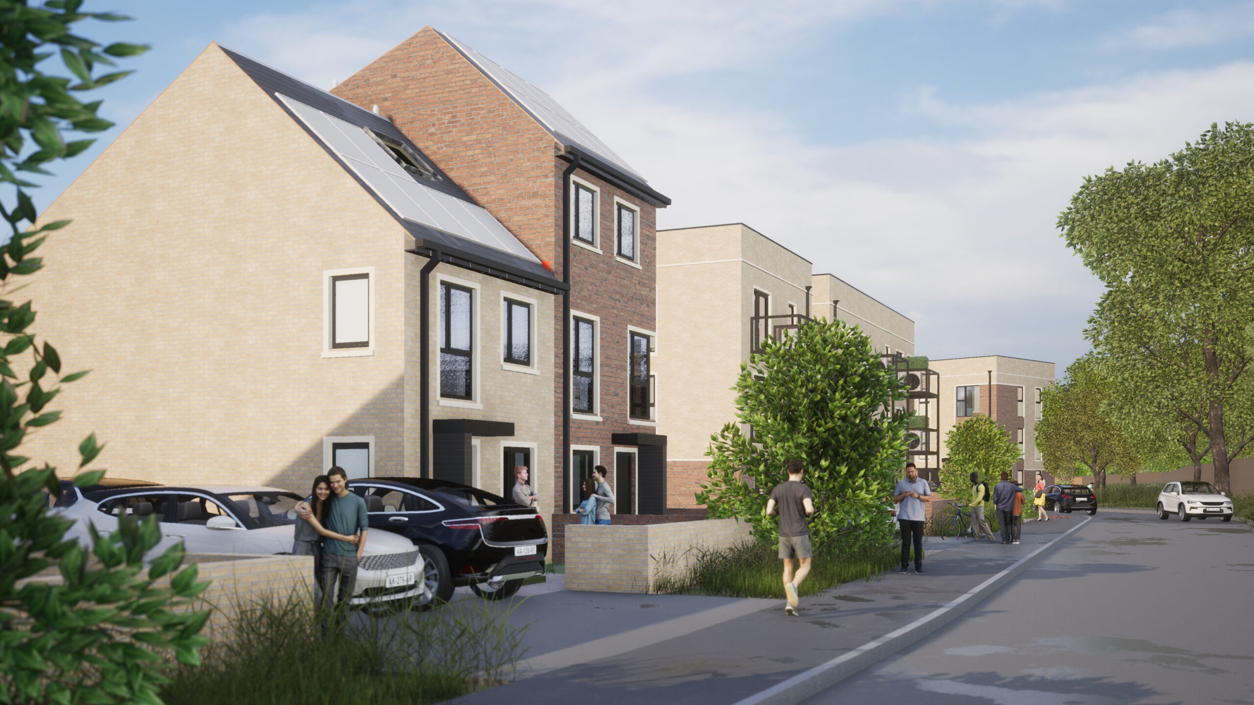 Computer generated image of a street view of modern residential buildings with solar panels on rooftops, parked cars in driveways, and several people walking by.