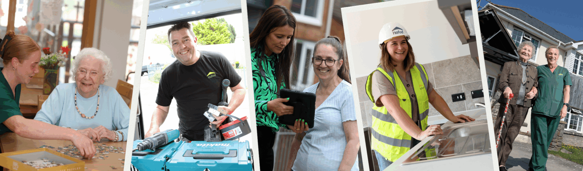 A range of images including, carrer and older lady, a man eith some tools, a neighbourhood coach and customer, develoment colleague in a Hafod Housing Association hard hat and a carer with an older lady outside a care home.