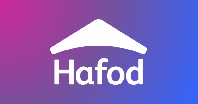 a pink to purple to blue background with a white Hafod logo