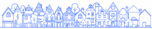 A blue outline of community including homes and trees